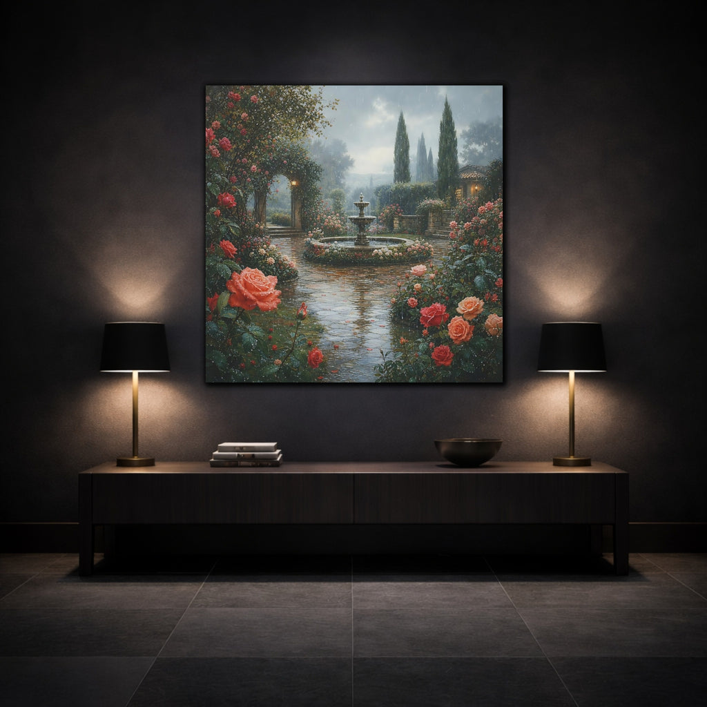 Mockup 3. Floral Rose Garden Pink Rose Garden shown as stretched canvas wall art