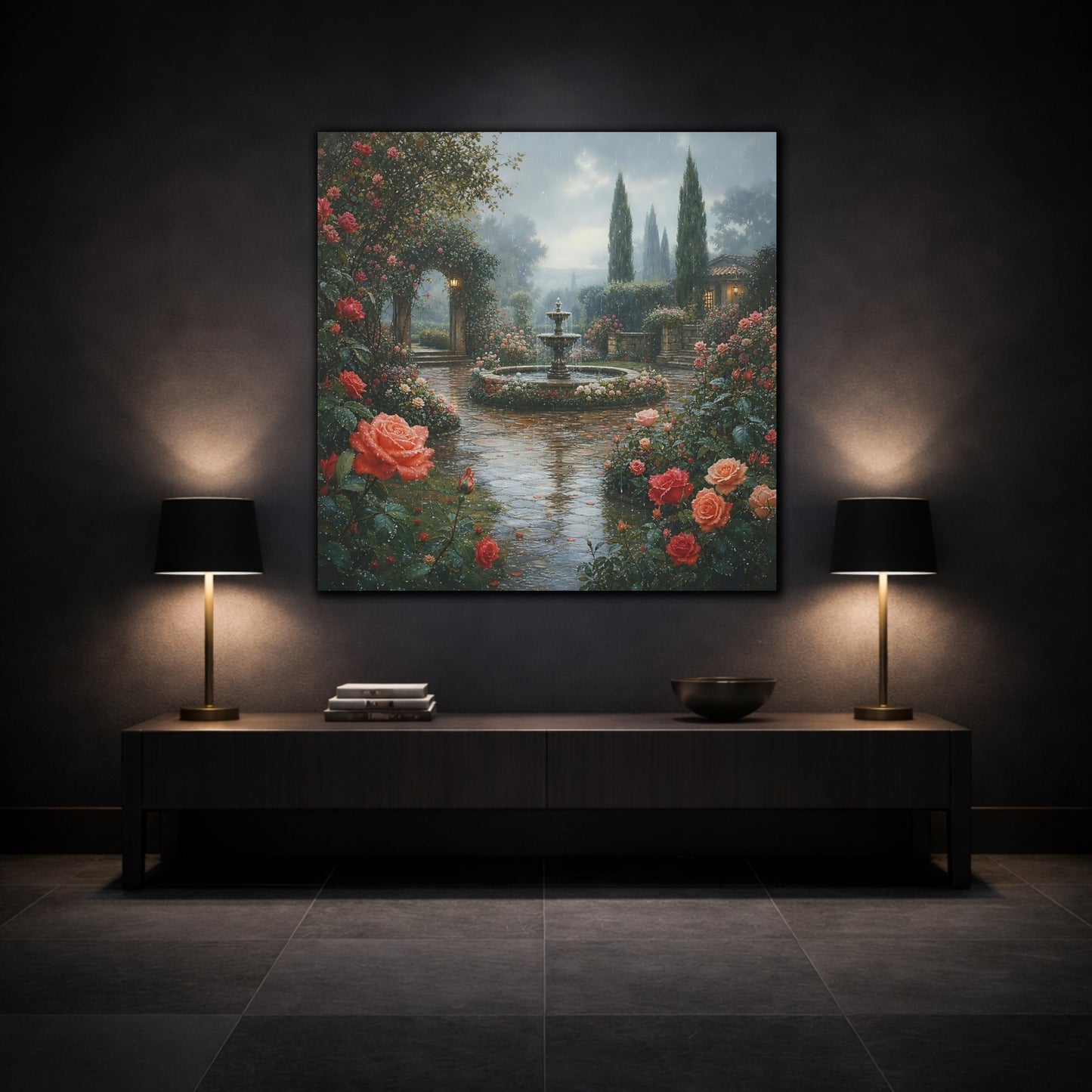 Mockup 3. Floral Rose Garden Pink Rose Garden shown as stretched canvas wall art