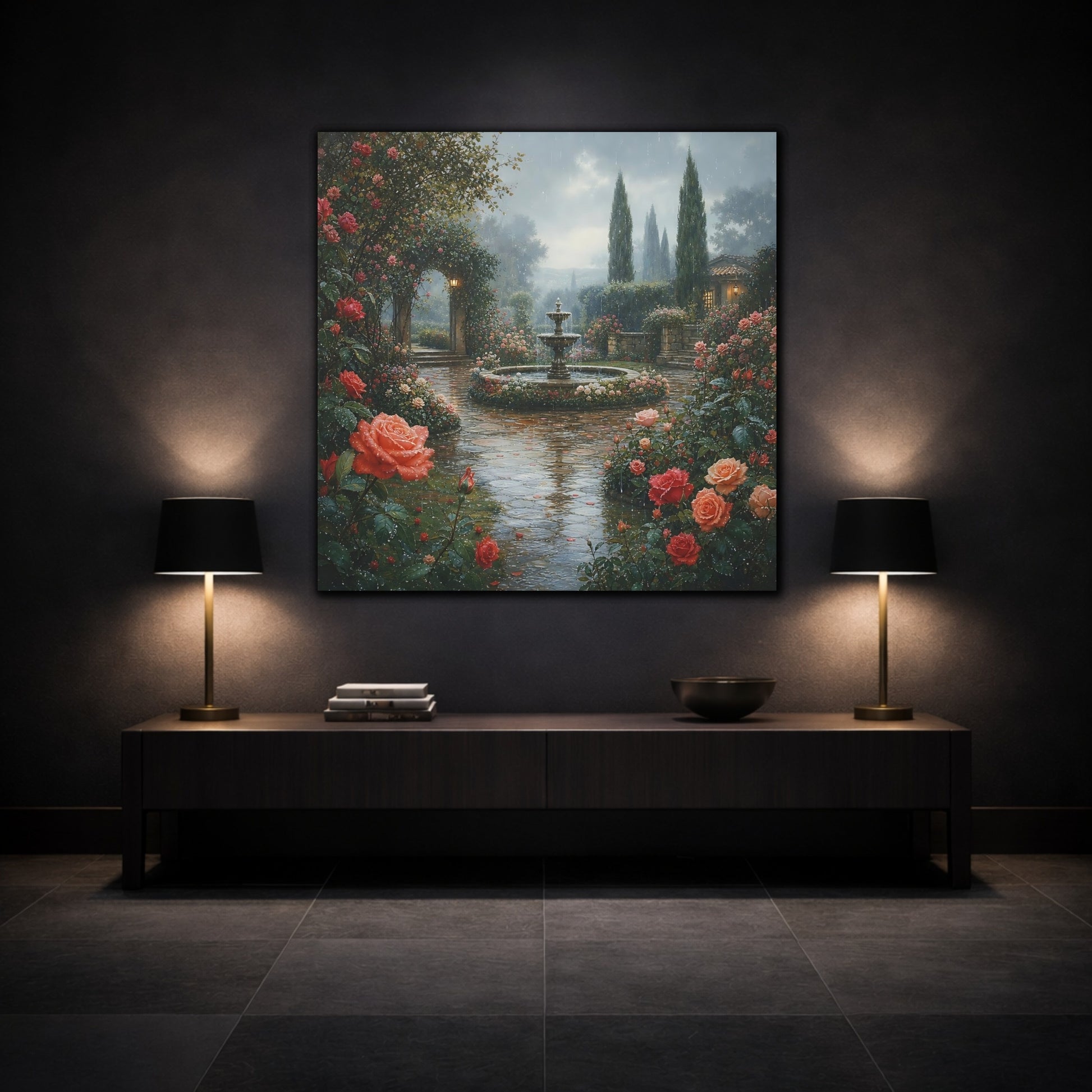 Mockup 3. Floral Rose Garden Pink Rose Garden shown as stretched canvas wall art