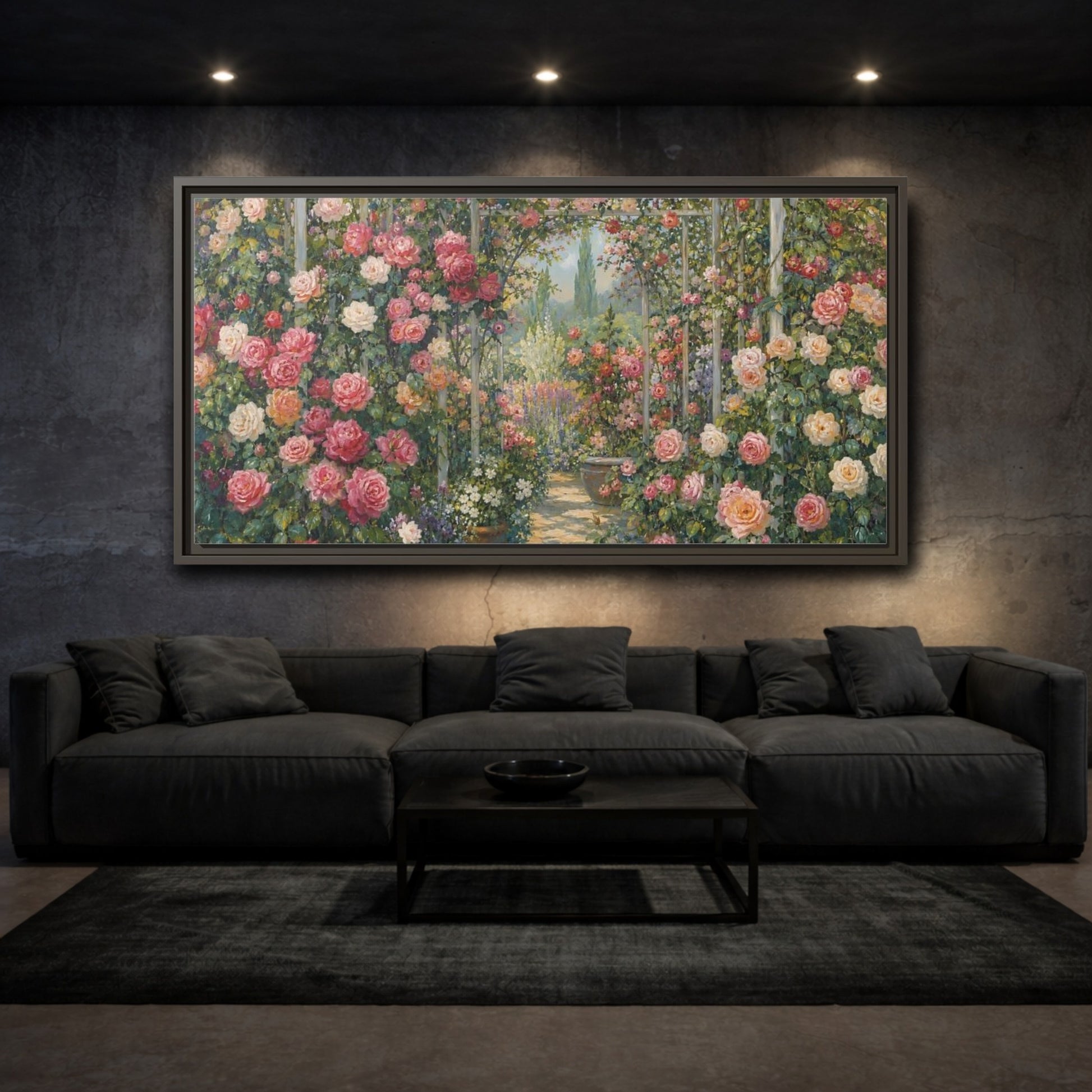 Mockup 3. Floral Rose Garden Pink Rose Garden shown as stretched canvas wall art