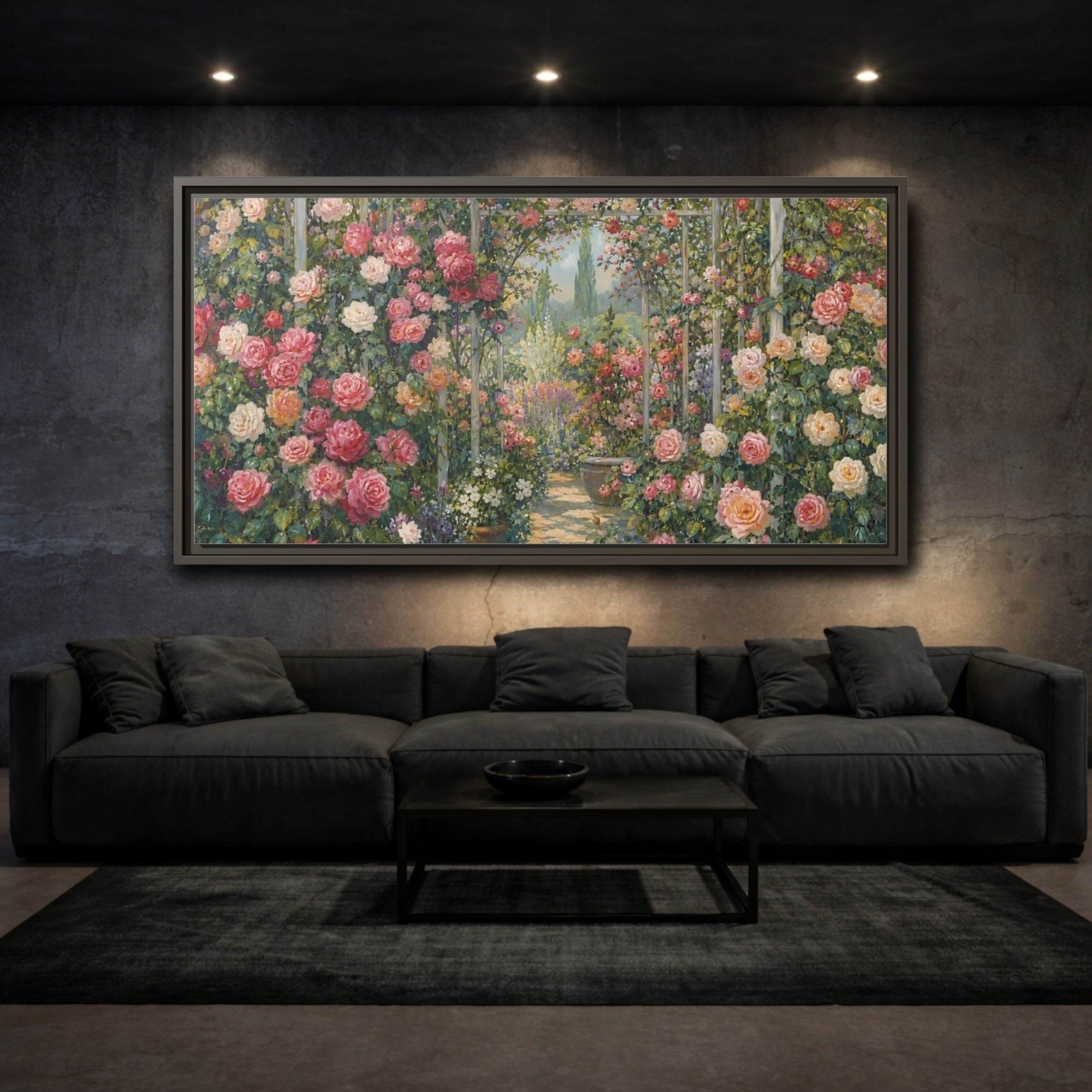 Mockup 3. Floral Rose Garden Pink Rose Garden shown as stretched canvas wall art