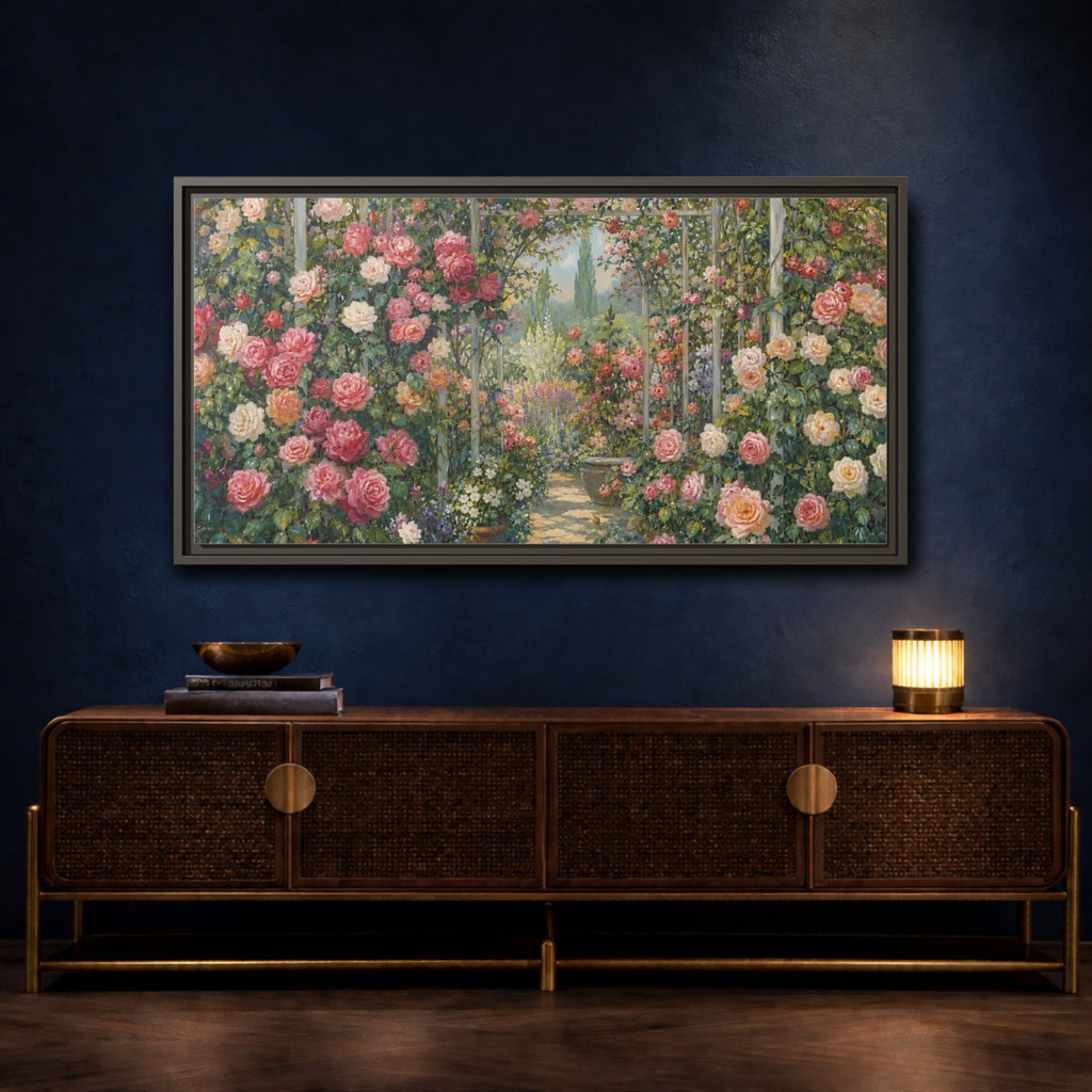 Mockup 4. Floral Rose Garden Pink Rose Garden shown as stretched canvas wall art
