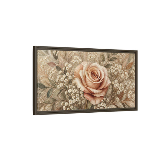 Main Mockup. Floral Rose Pink And Beige shown as stretched canvas wall art