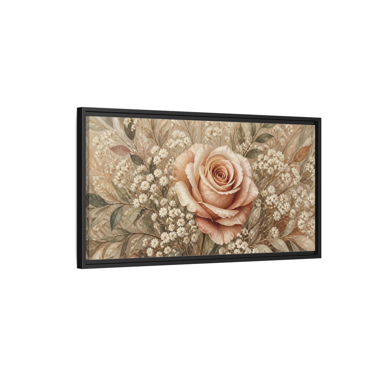 Side Mockup 2. Floral Rose Pink And Beige shown as stretched canvas wall art