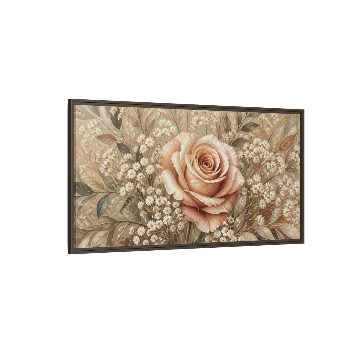 Side Mockup 4. Floral Rose Pink And Beige shown as stretched canvas wall art