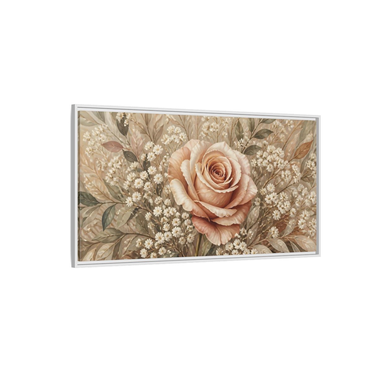 Side Mockup 3. Floral Rose Pink And Beige shown as stretched canvas wall art