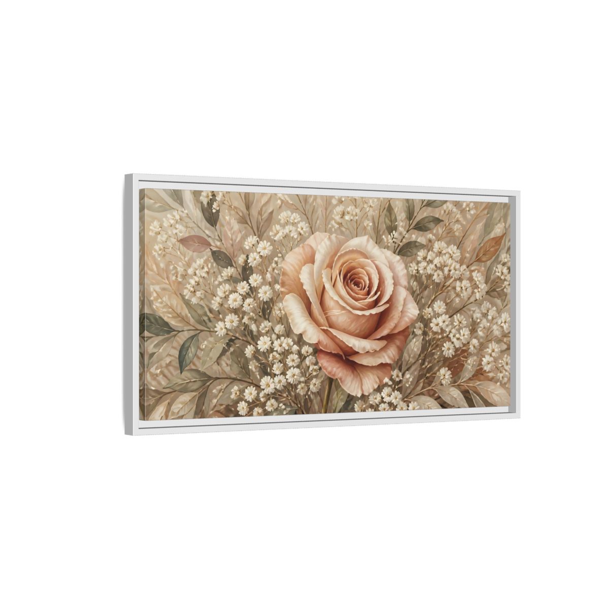 Side Mockup 1. Floral Rose Pink And Beige shown as stretched canvas wall art