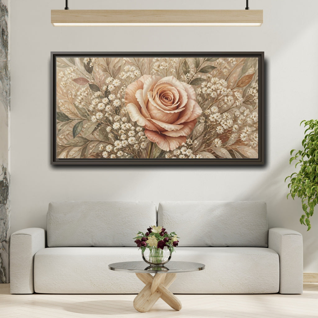 Mockup 2. Floral Rose Pink And Beige shown as stretched canvas wall art