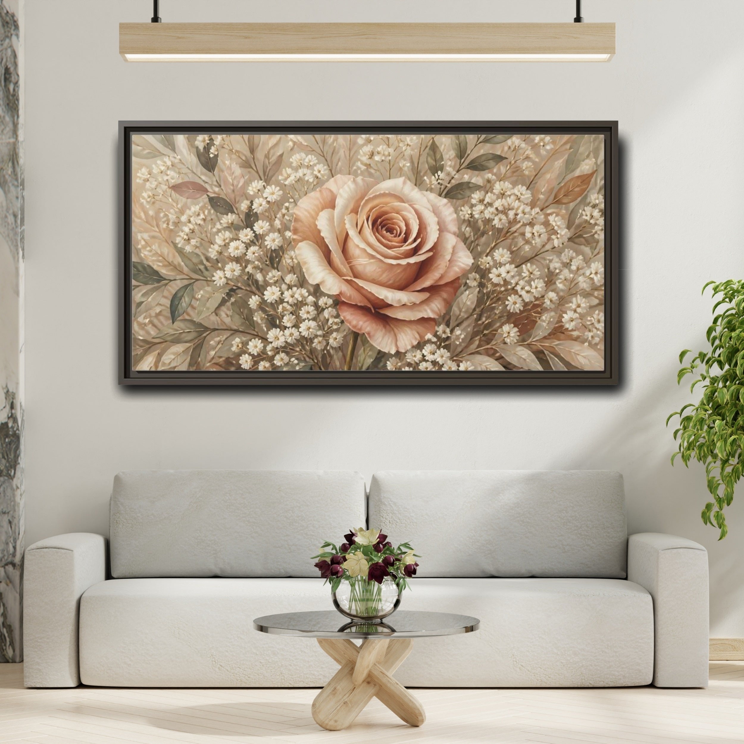 Mockup 2. Floral Rose Pink And Beige shown as stretched canvas wall art