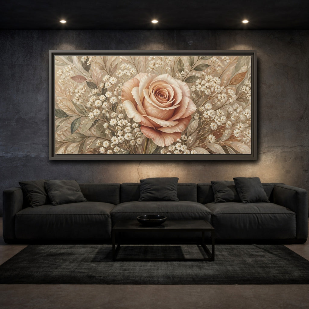 Mockup 3. Floral Rose Pink And Beige shown as stretched canvas wall art