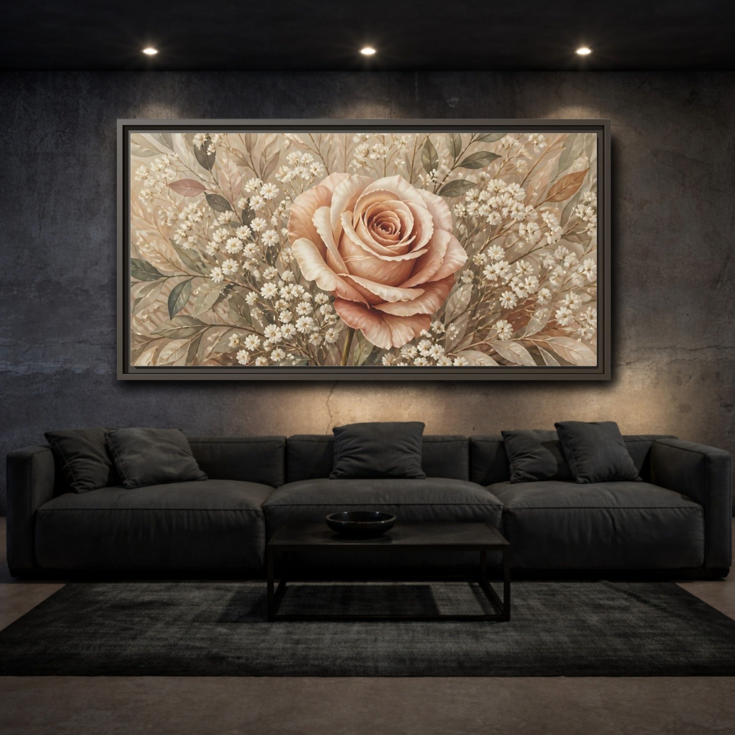 Mockup 3. Floral Rose Pink And Beige shown as stretched canvas wall art