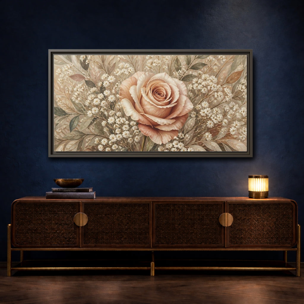 Mockup 4. Floral Rose Pink And Beige shown as stretched canvas wall art