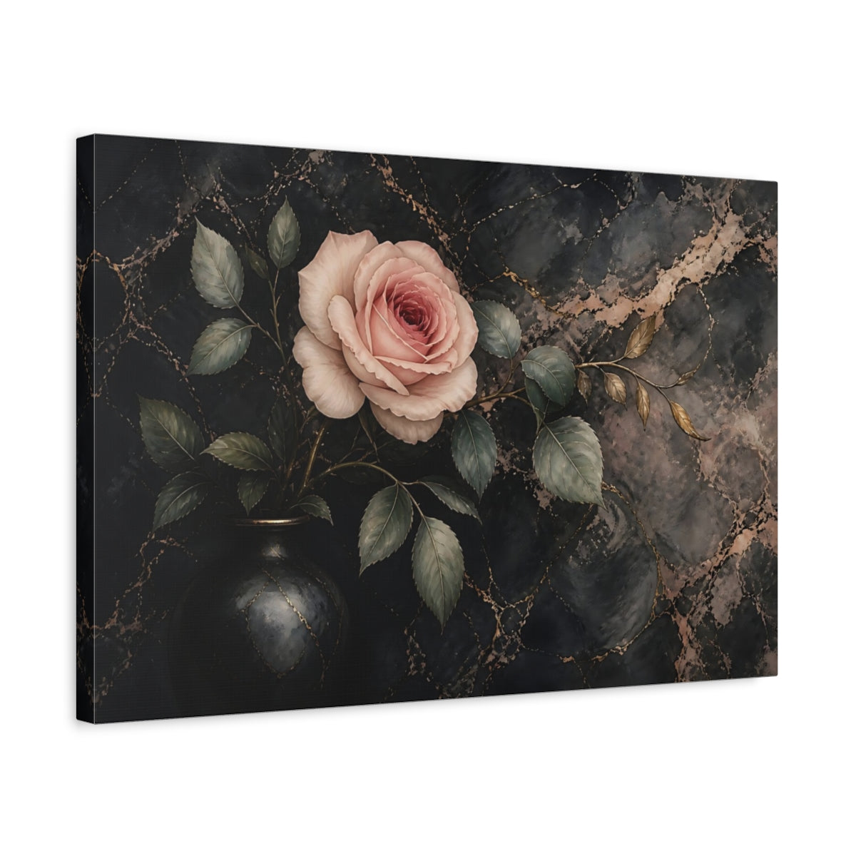 Side Mockup 3. Floral Rose Pink Rose Black Marble shown as stretched canvas wall art