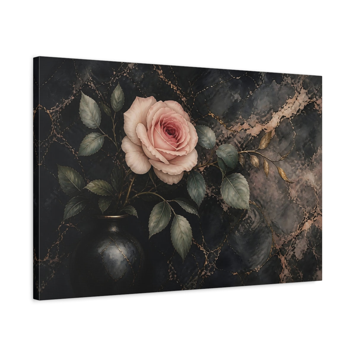 Side Mockup 2. Floral Rose Pink Rose Black Marble shown as stretched canvas wall art