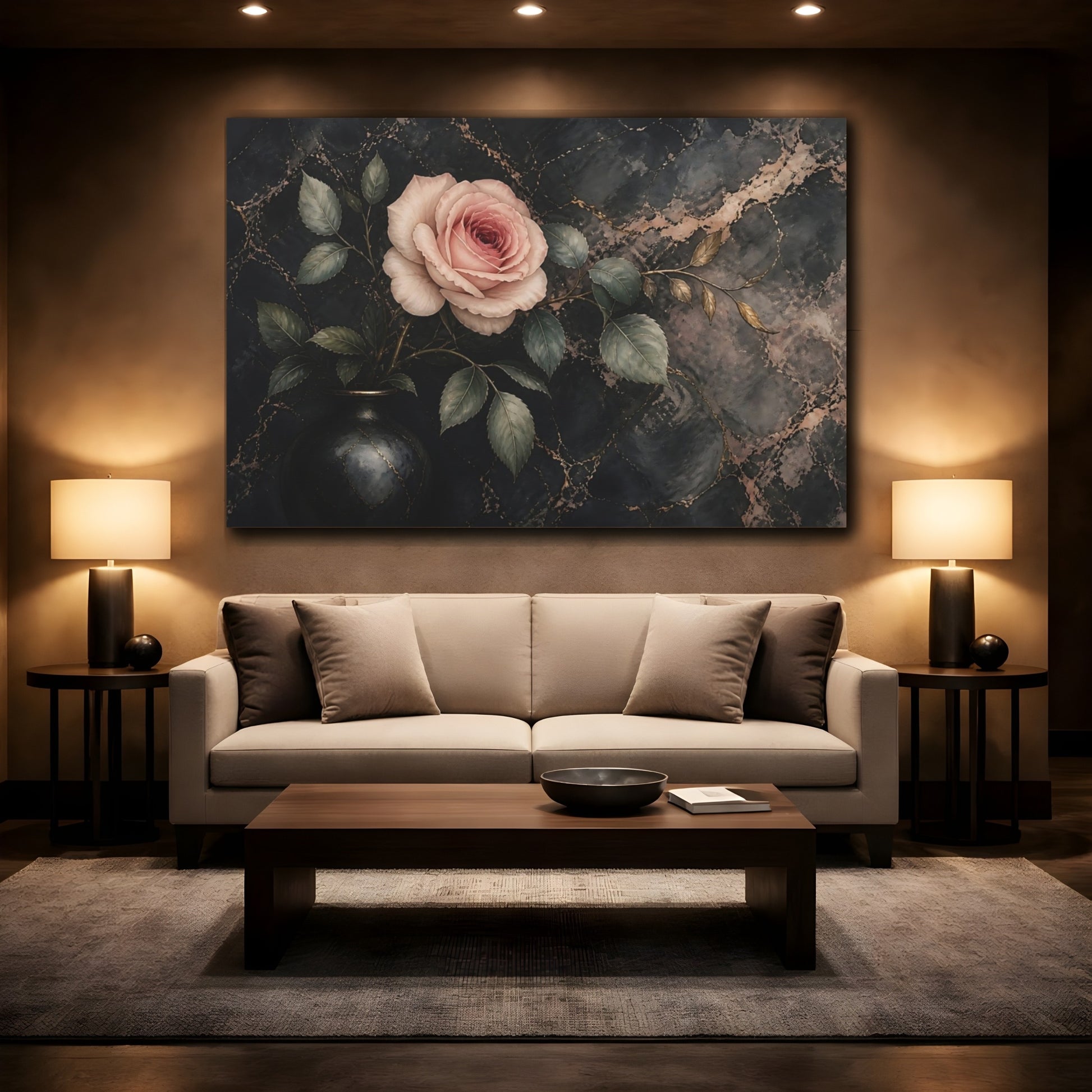 Mockup 2. Floral Rose Pink Rose Black Marble shown as stretched canvas wall art