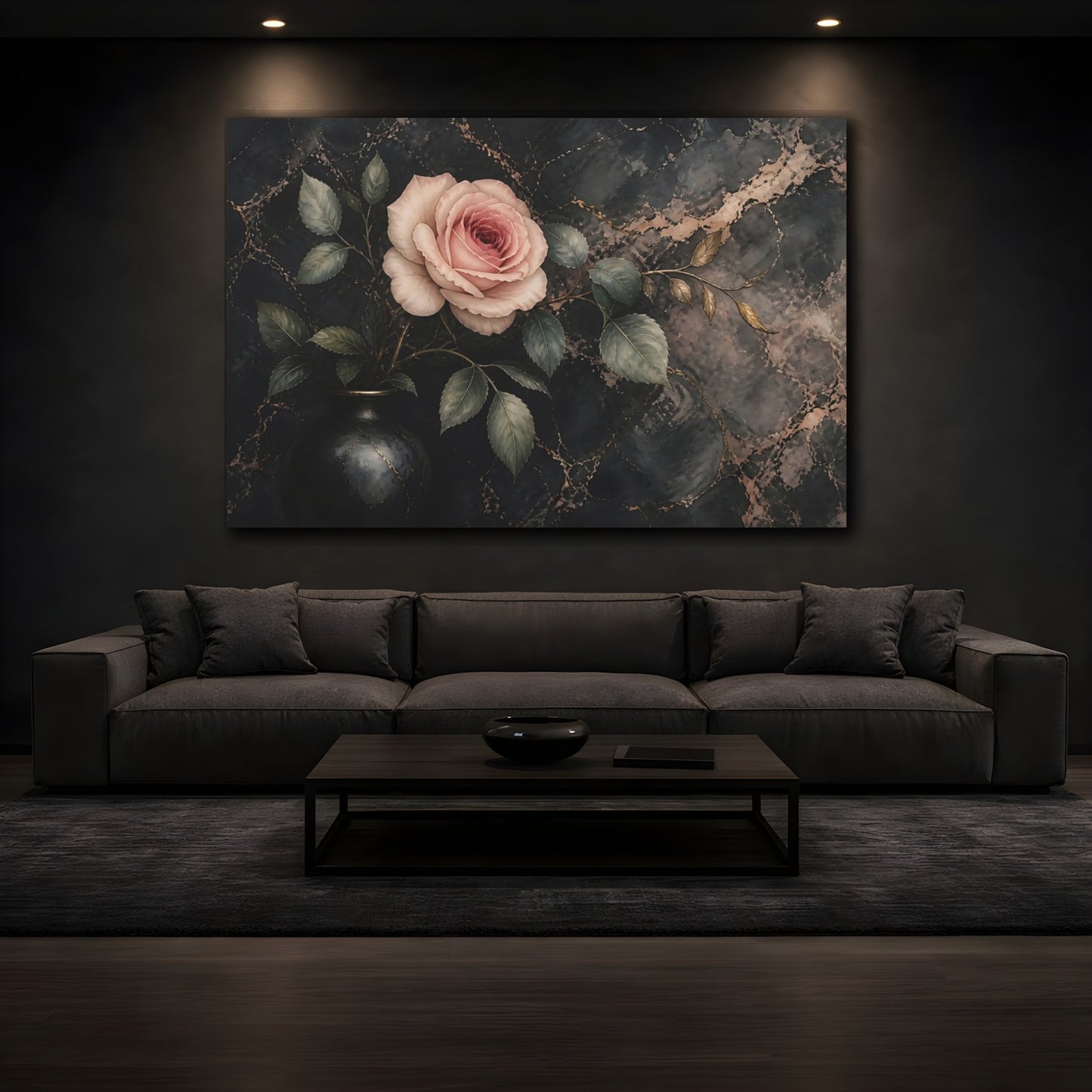 Mockup 3. Floral Rose Pink Rose Black Marble shown as stretched canvas wall art