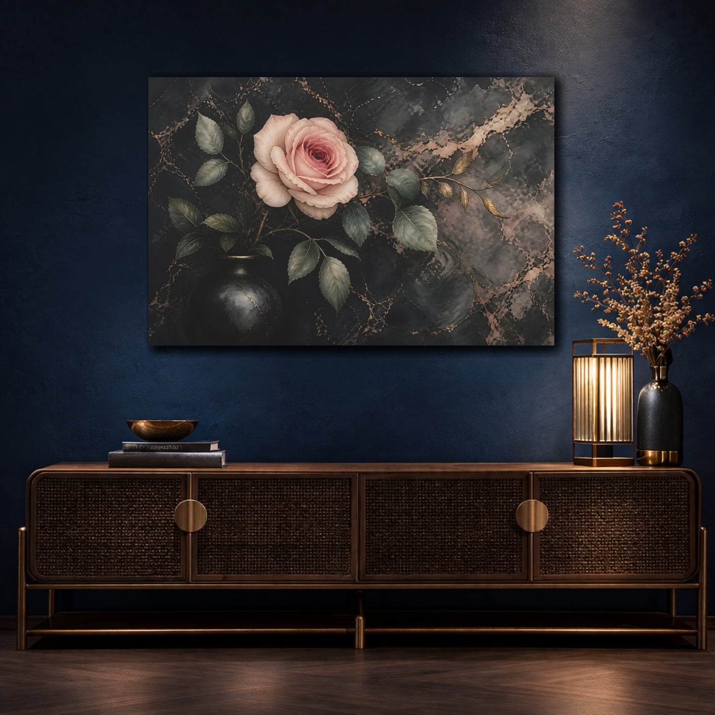 Mockup 4. Floral Rose Pink Rose Black Marble shown as stretched canvas wall art