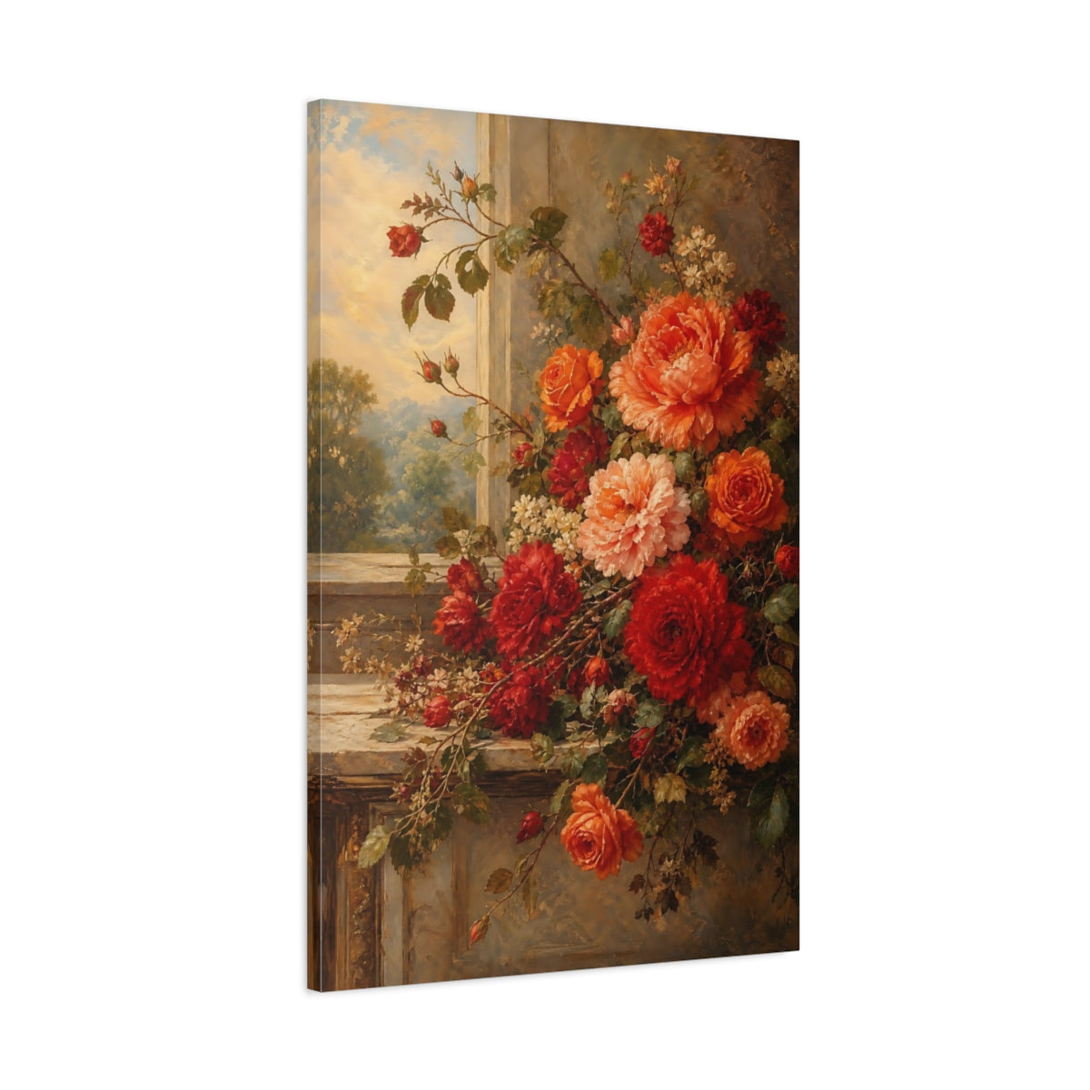 Main Mockup. Floral Roses And Peonies Red And Orange Floral shown as stretched canvas wall art