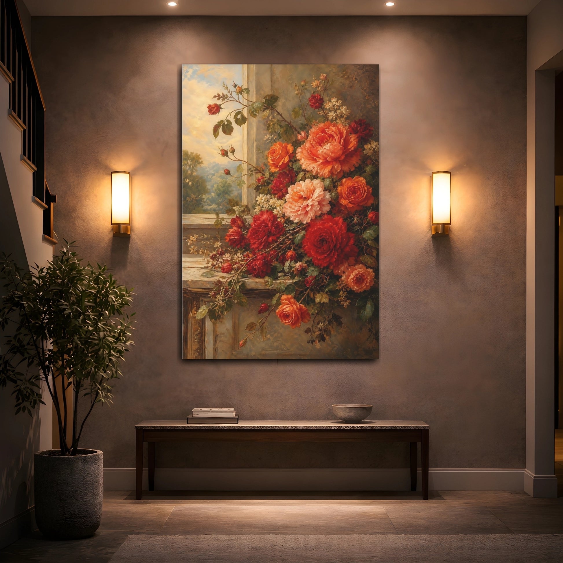 Mockup 2. Floral Roses And Peonies Red And Orange Floral shown as stretched canvas wall art