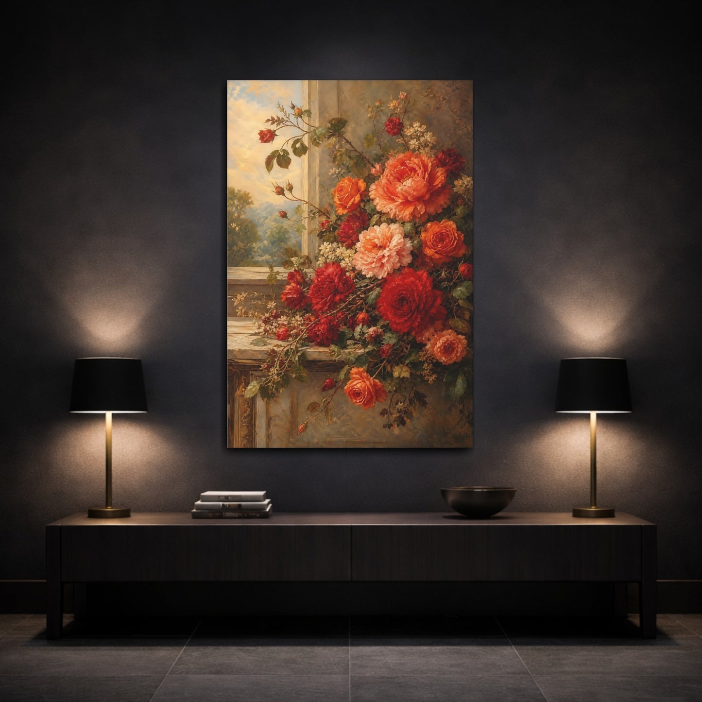 Mockup 3. Floral Roses And Peonies Red And Orange Floral shown as stretched canvas wall art