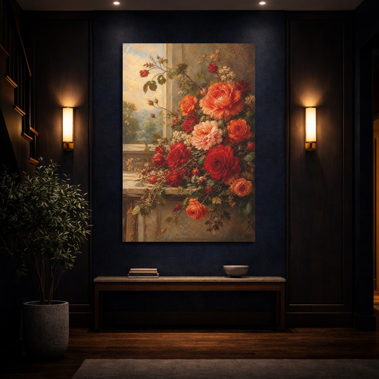Mockup 4. Floral Roses And Peonies Red And Orange Floral shown as stretched canvas wall art