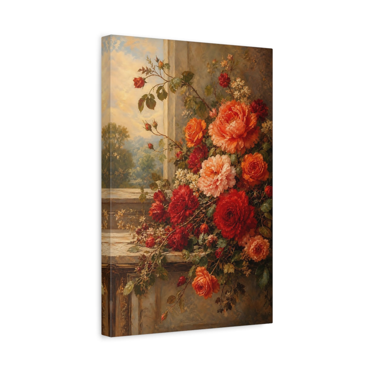 Side Mockup 4. Floral Roses And Peonies Red And Orange Floral shown as stretched canvas wall art