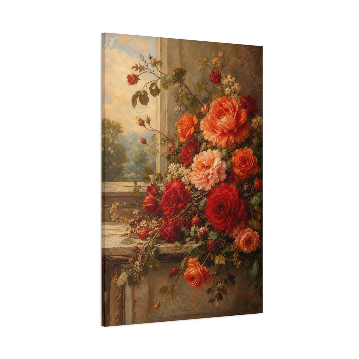 Side Mockup 1. Floral Roses And Peonies Red And Orange Floral shown as stretched canvas wall art
