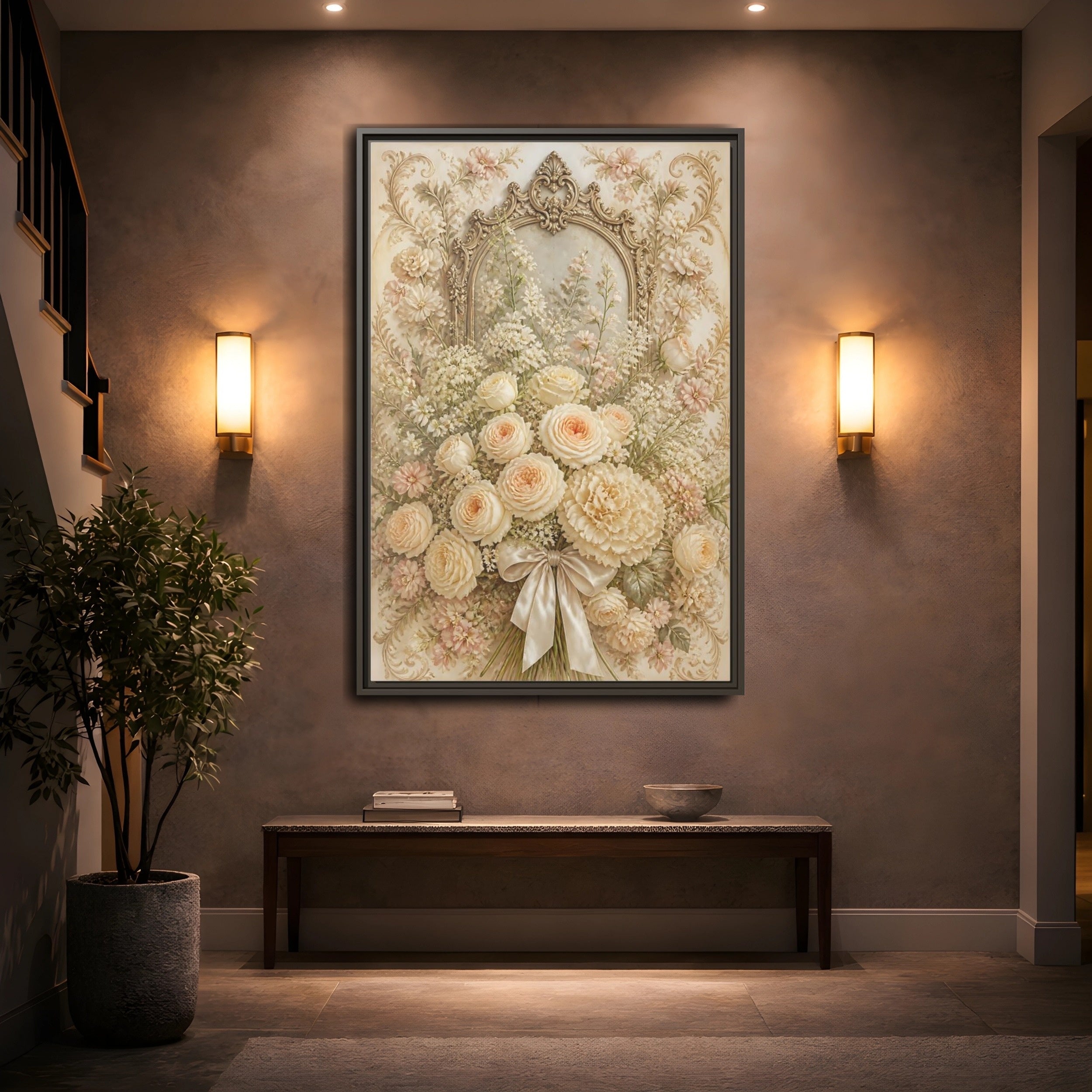 Mockup 2. Floral Roses Bouquet Cream Floral shown as stretched canvas wall art