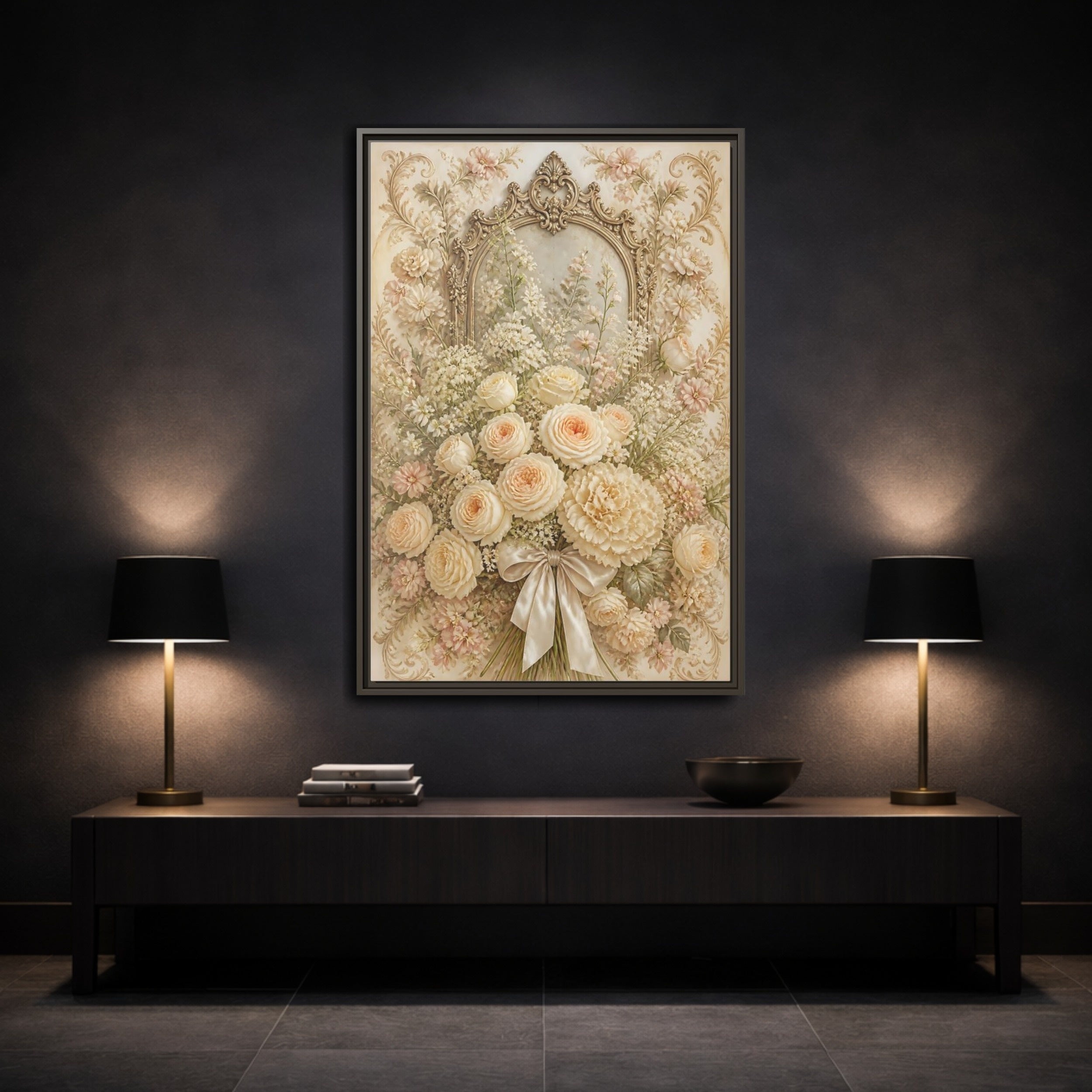 Mockup 3. Floral Roses Bouquet Cream Floral shown as stretched canvas wall art