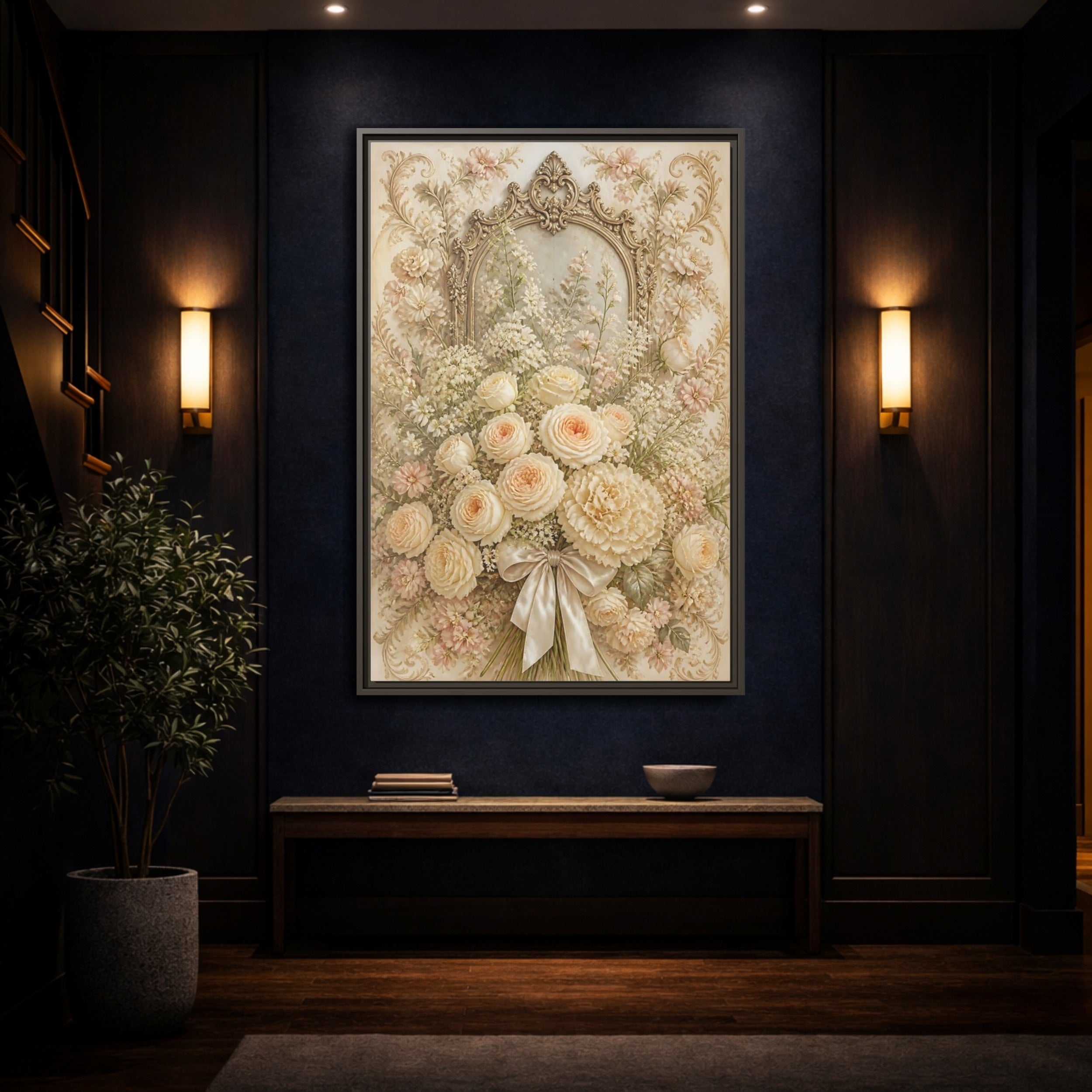 Mockup 4. Floral Roses Bouquet Cream Floral shown as stretched canvas wall art