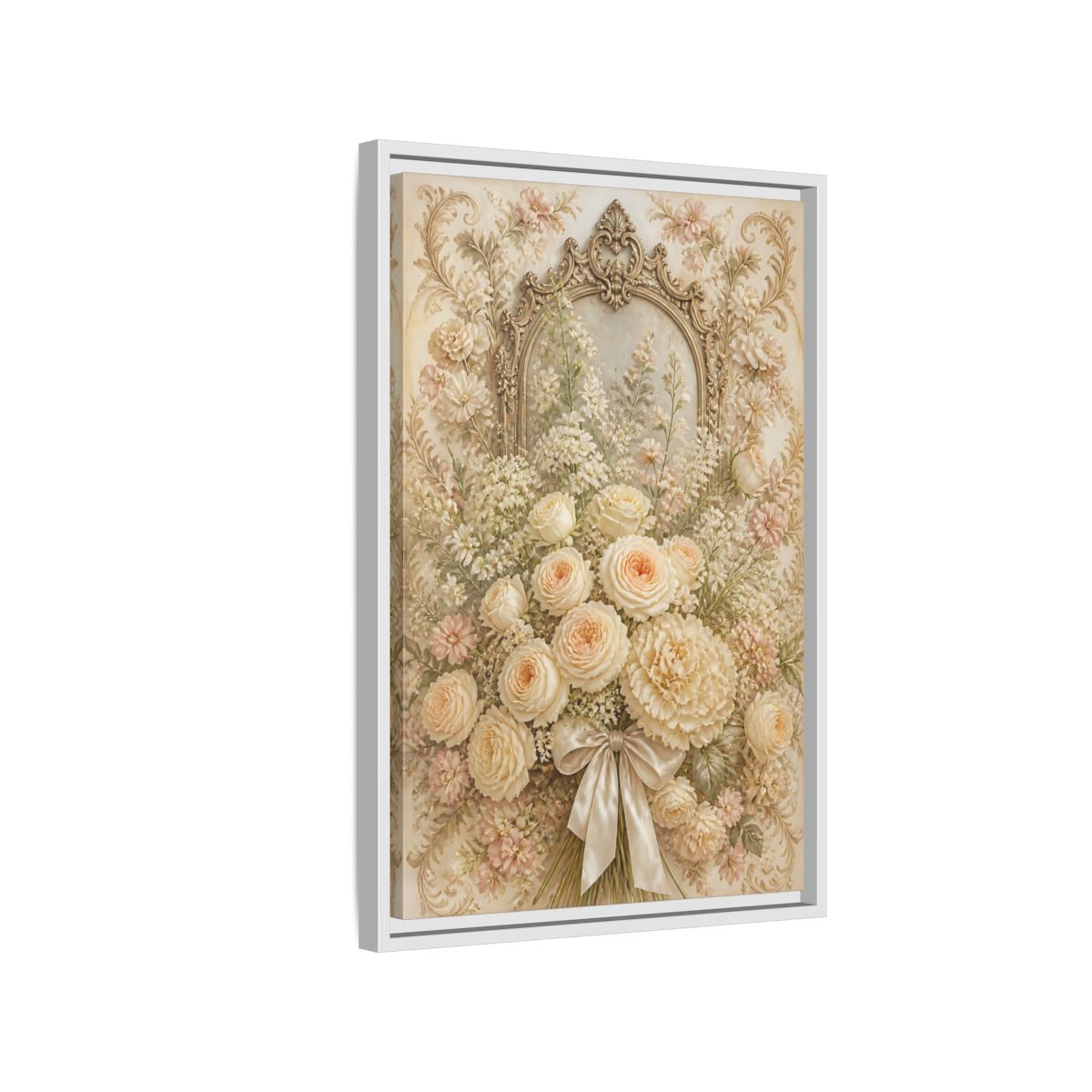 Side Mockup 1. Floral Roses Bouquet Cream Floral shown as stretched canvas wall art