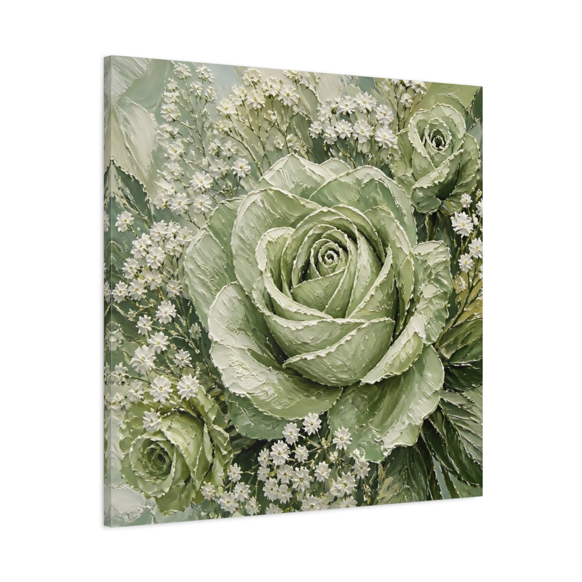 Main Mockup. Floral Roses Green And White shown as stretched canvas wall art