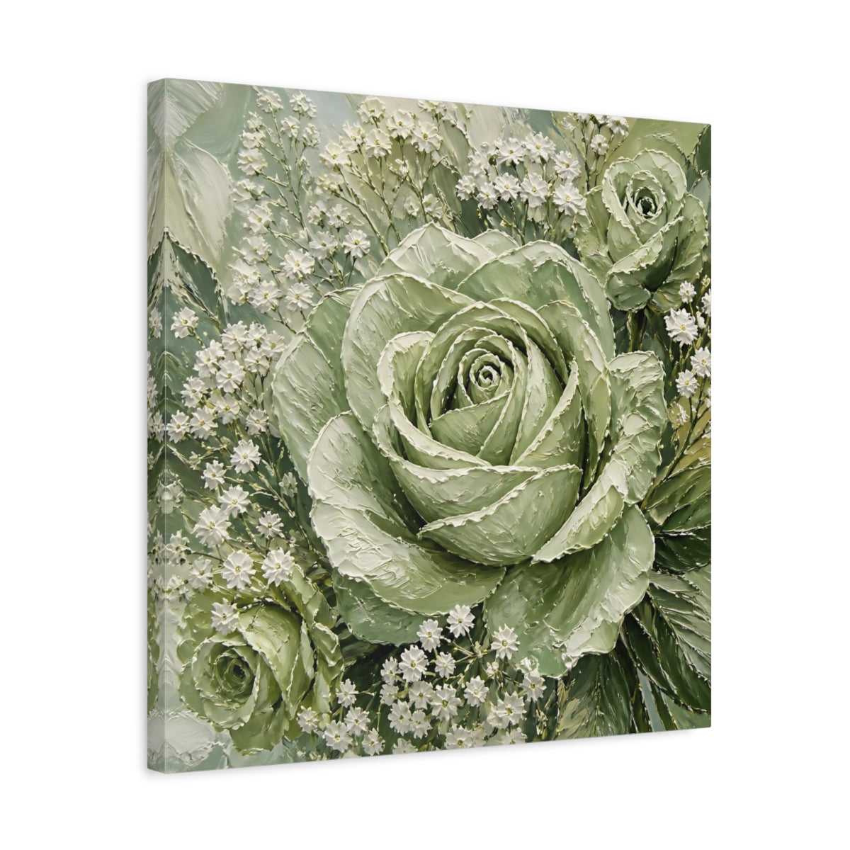 Side Mockup 5. Floral Roses Green And White shown as stretched canvas wall art