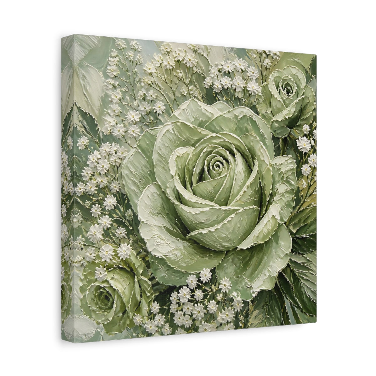 Side Mockup 8. Floral Roses Green And White shown as stretched canvas wall art
