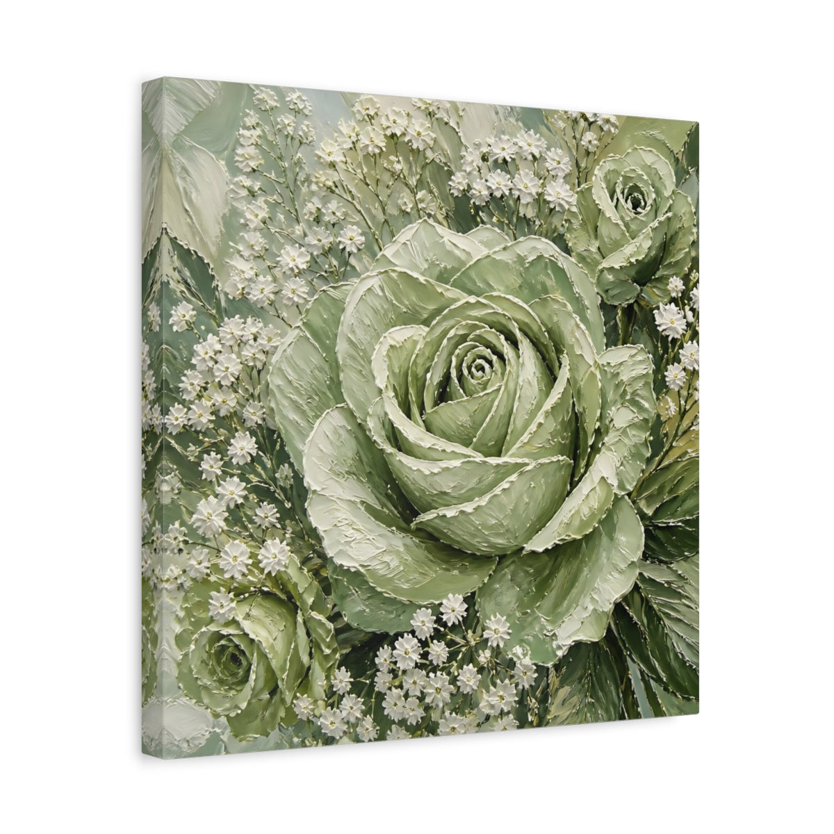 Side Mockup 6. Floral Roses Green And White shown as stretched canvas wall art