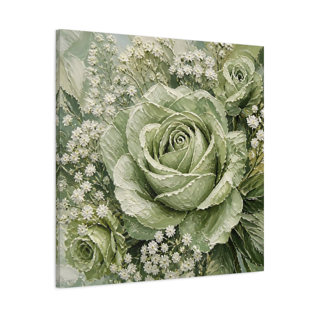 Side Mockup 3. Floral Roses Green And White shown as stretched canvas wall art