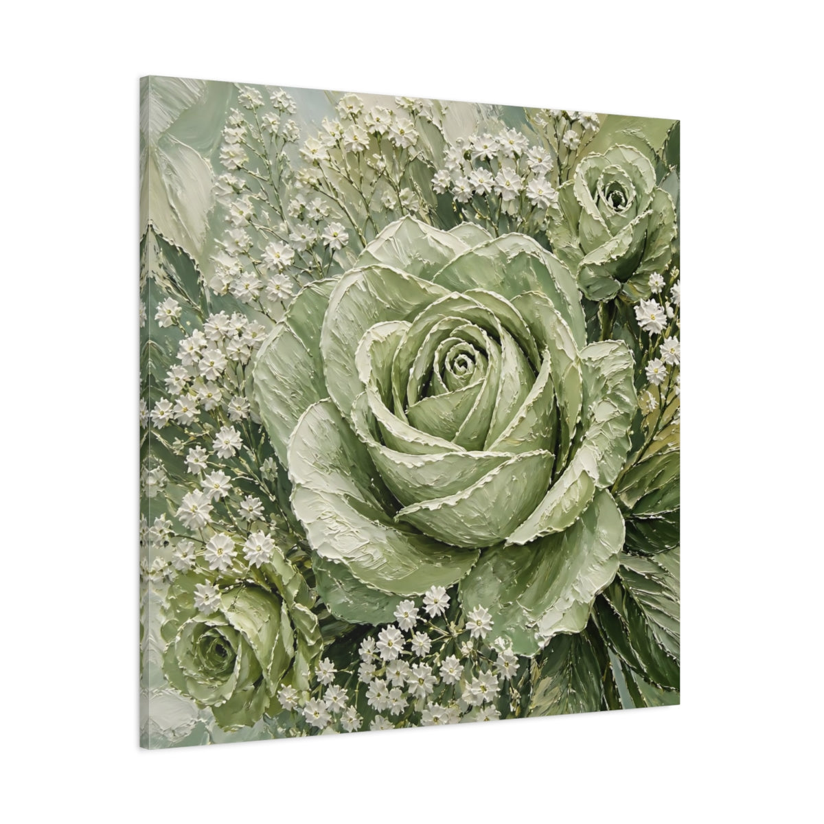 Side Mockup 1. Floral Roses Green And White shown as stretched canvas wall art
