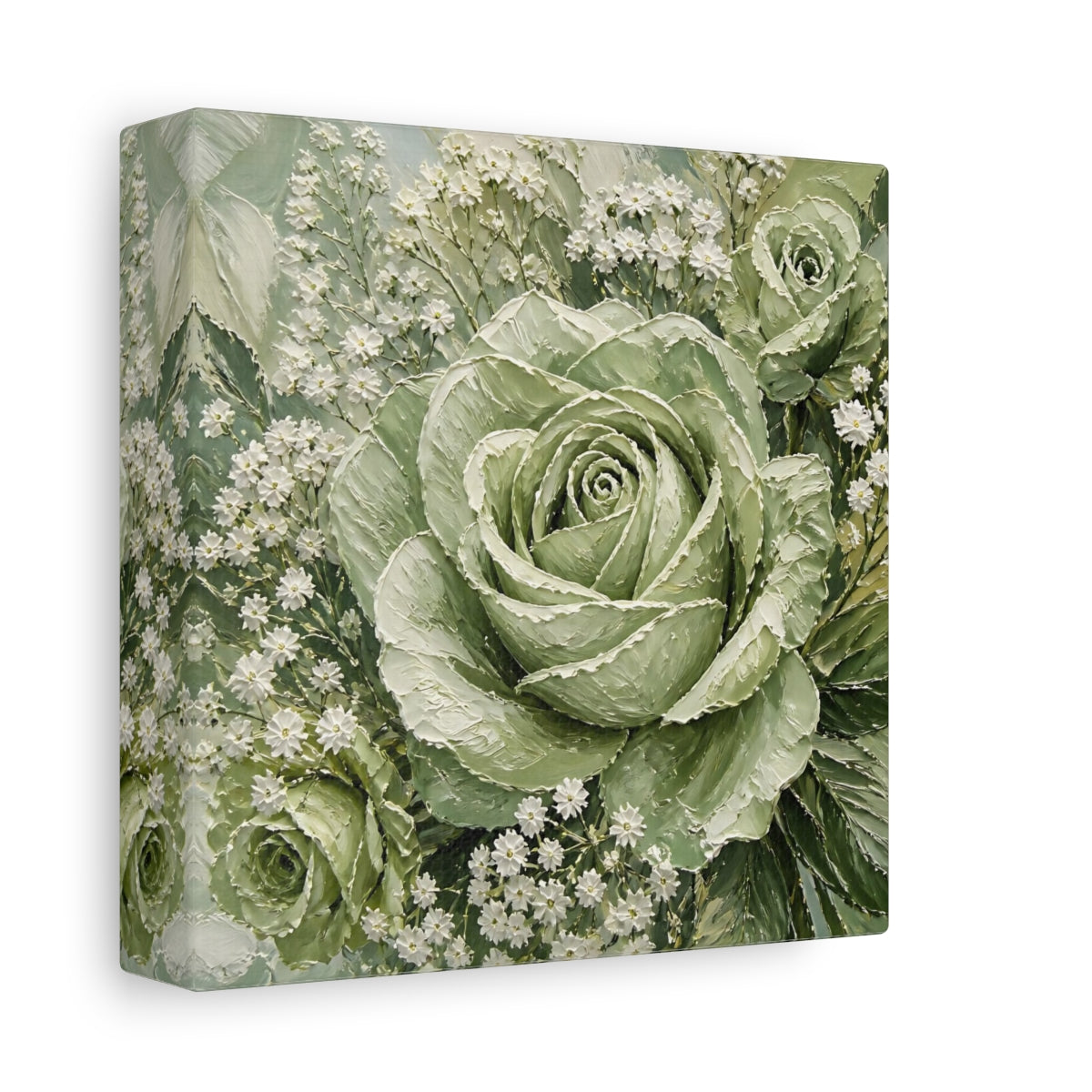 Side Mockup 2. Floral Roses Green And White shown as stretched canvas wall art