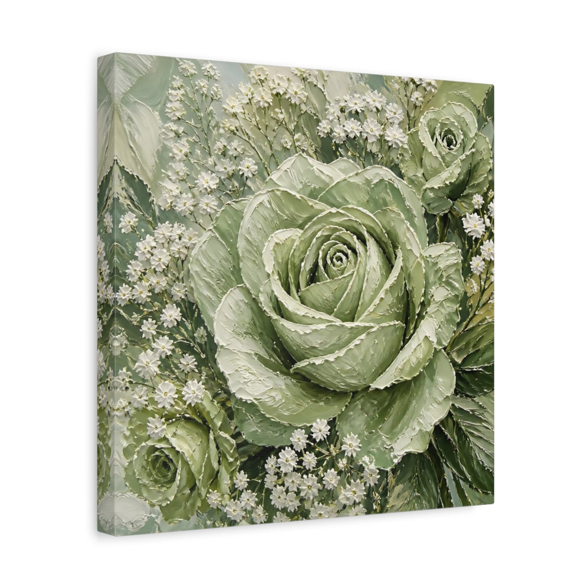 Side Mockup 7. Floral Roses Green And White shown as stretched canvas wall art