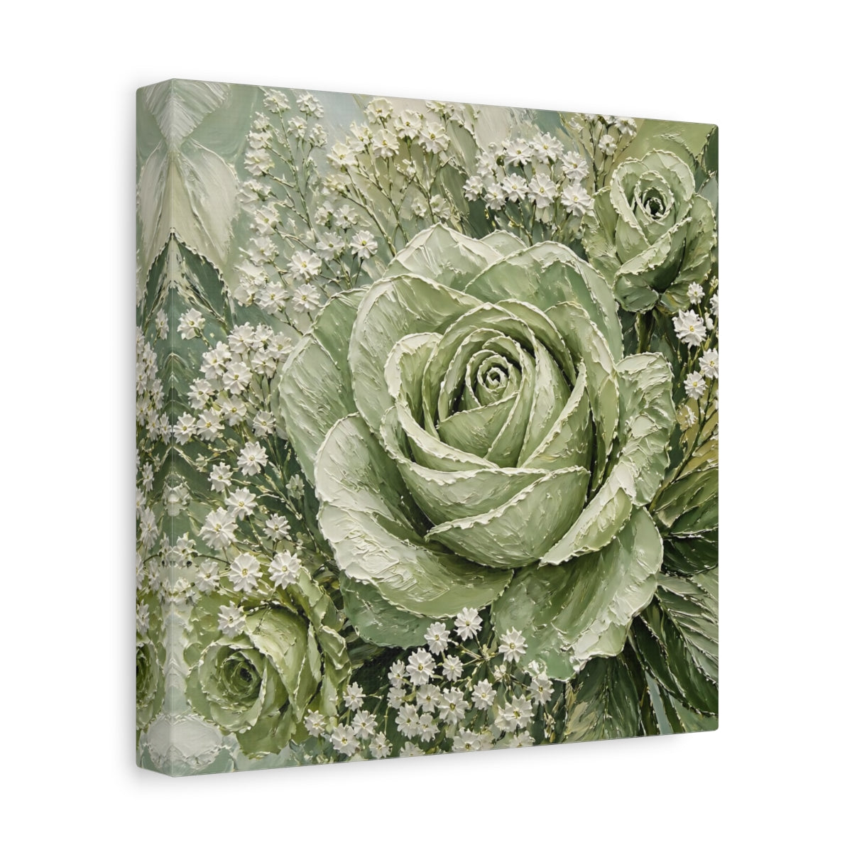 Side Mockup 9. Floral Roses Green And White shown as stretched canvas wall art