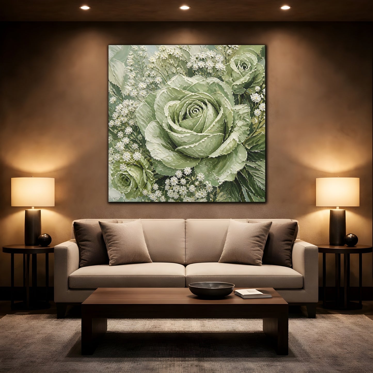 Mockup 2. Floral Roses Green And White shown as stretched canvas wall art