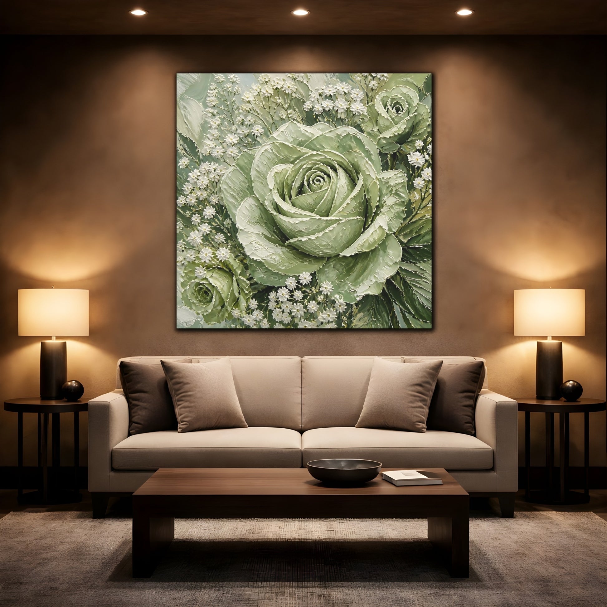Mockup 2. Floral Roses Green And White shown as stretched canvas wall art