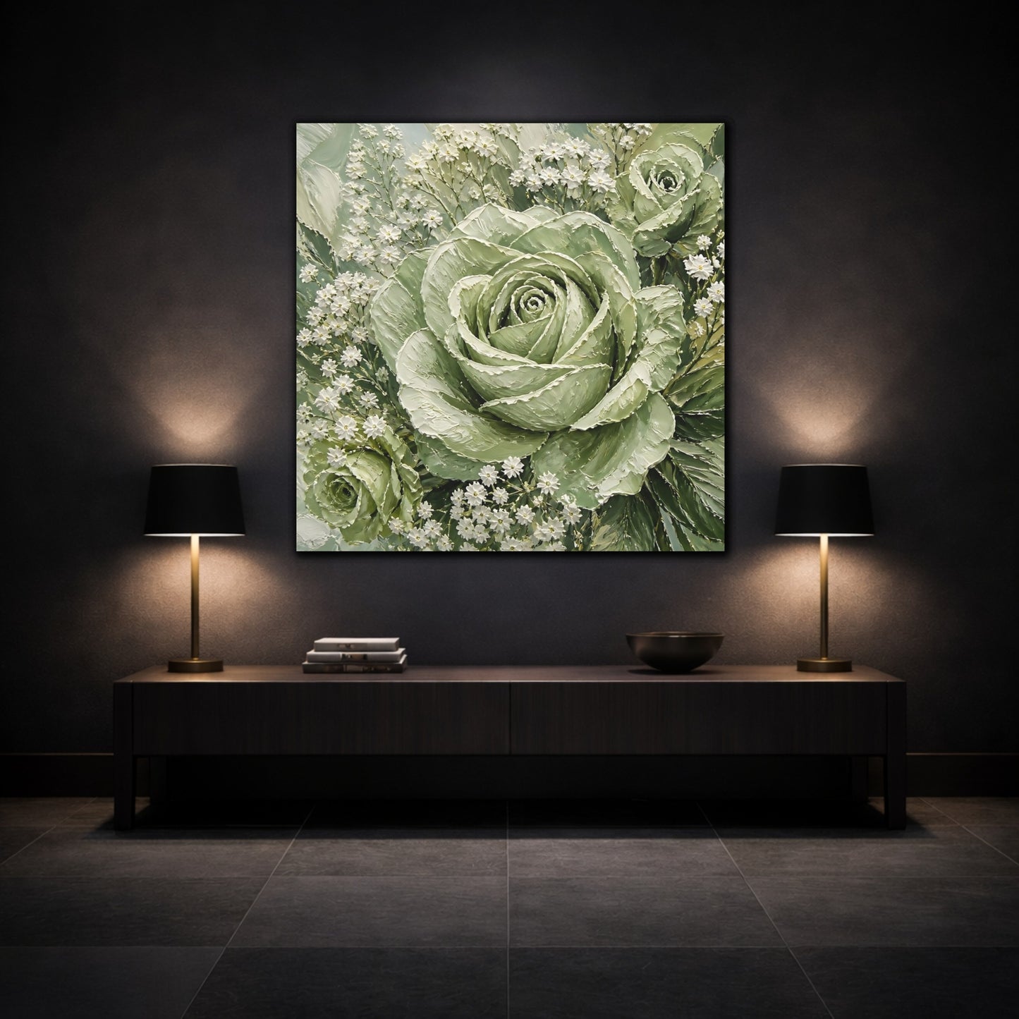Mockup 3. Floral Roses Green And White shown as stretched canvas wall art