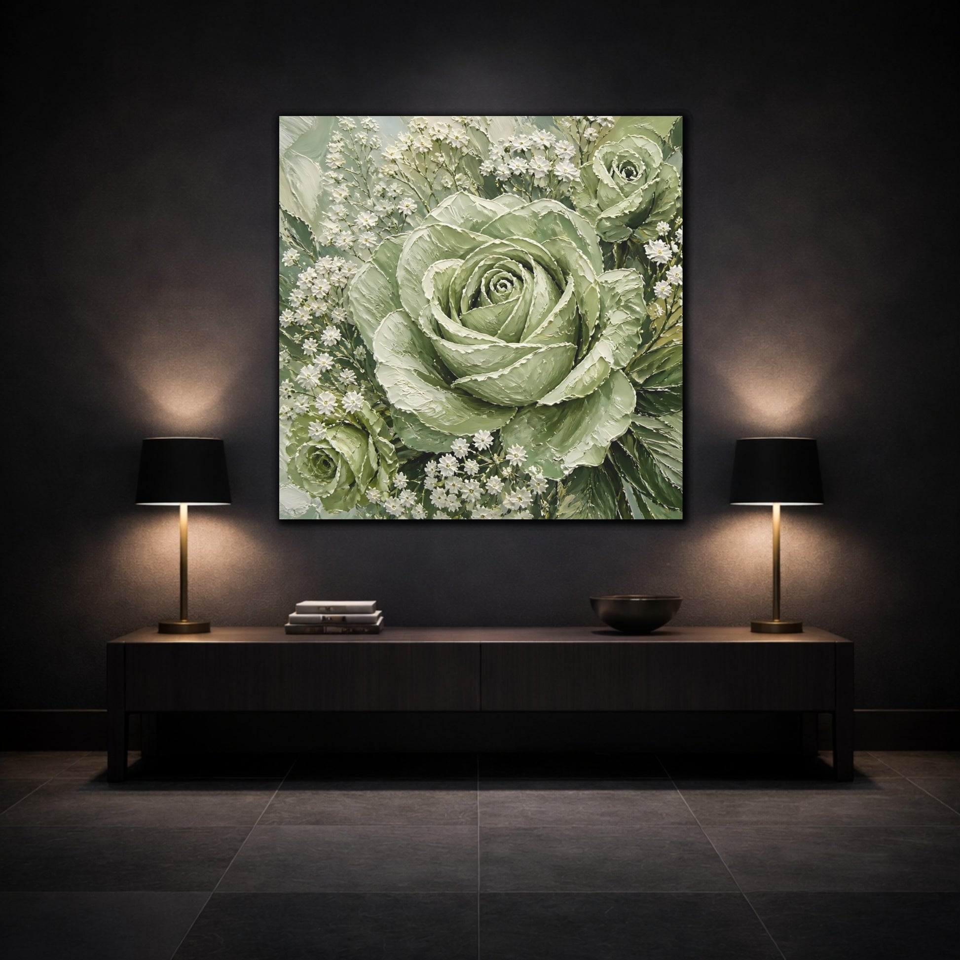 Mockup 3. Floral Roses Green And White shown as stretched canvas wall art