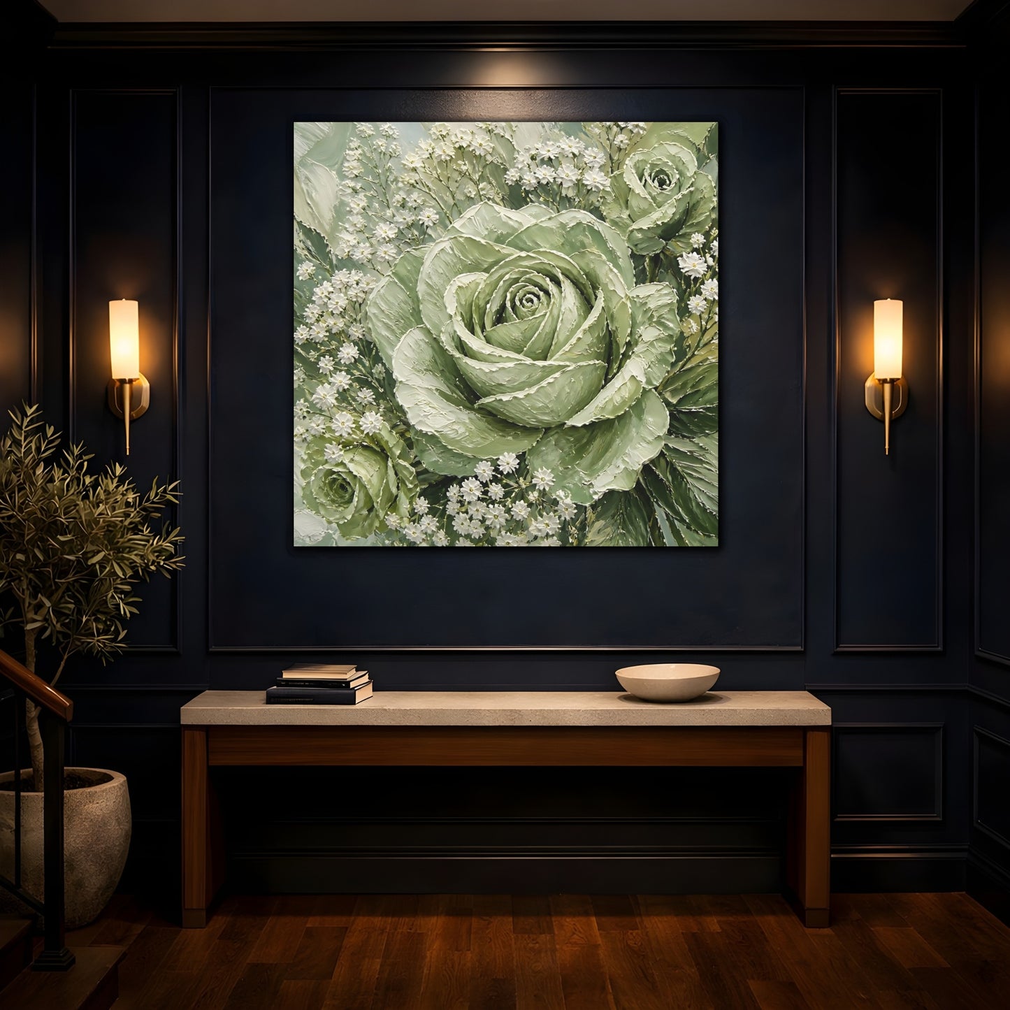 Mockup 4. Floral Roses Green And White shown as stretched canvas wall art