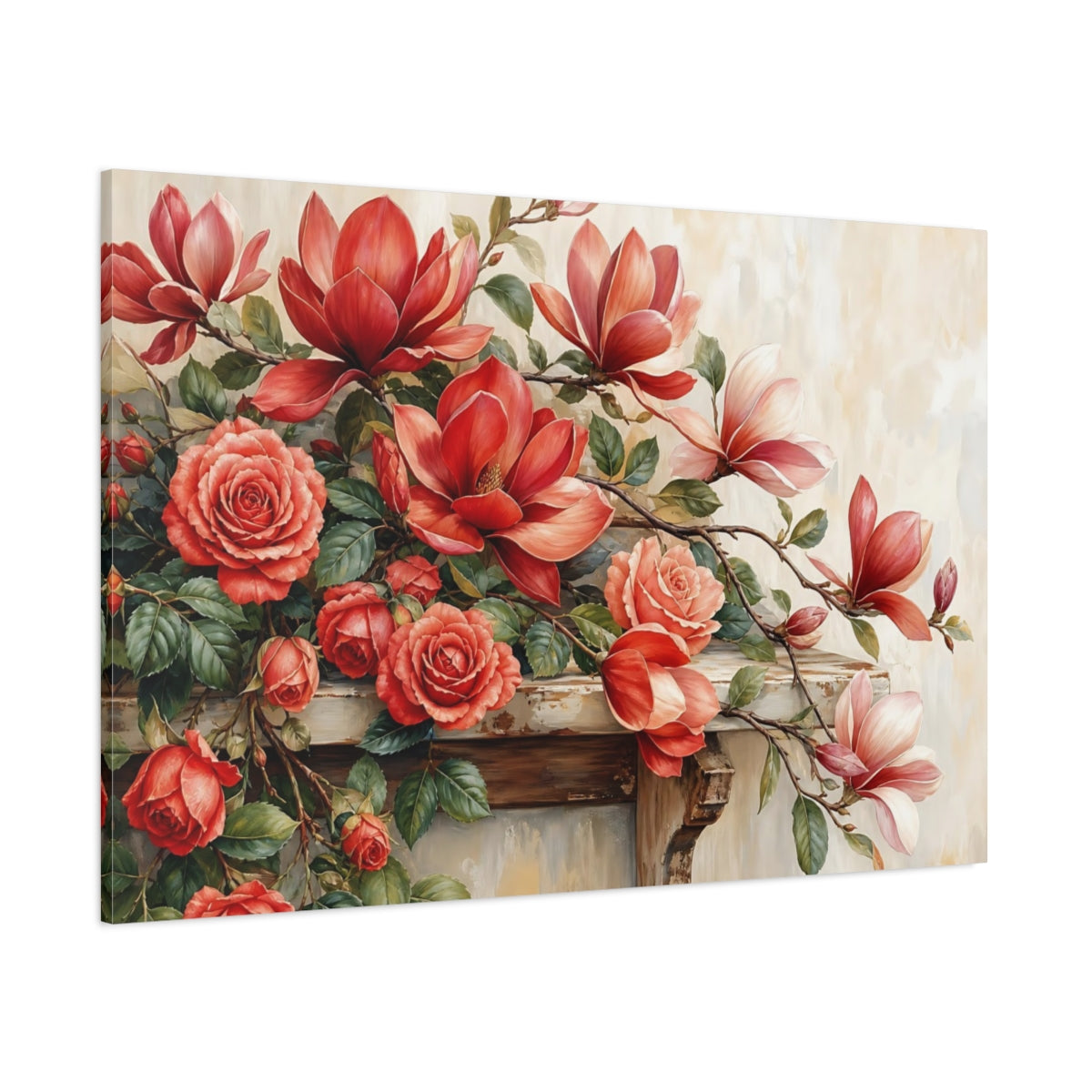 Side Mockup 1. Floral Roses Magnolias Red Floral shown as stretched canvas wall art