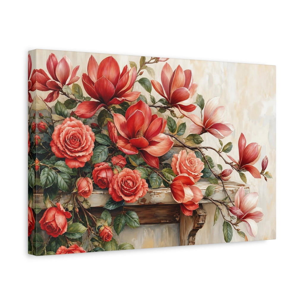 Side Mockup 4. Floral Roses Magnolias Red Floral shown as stretched canvas wall art
