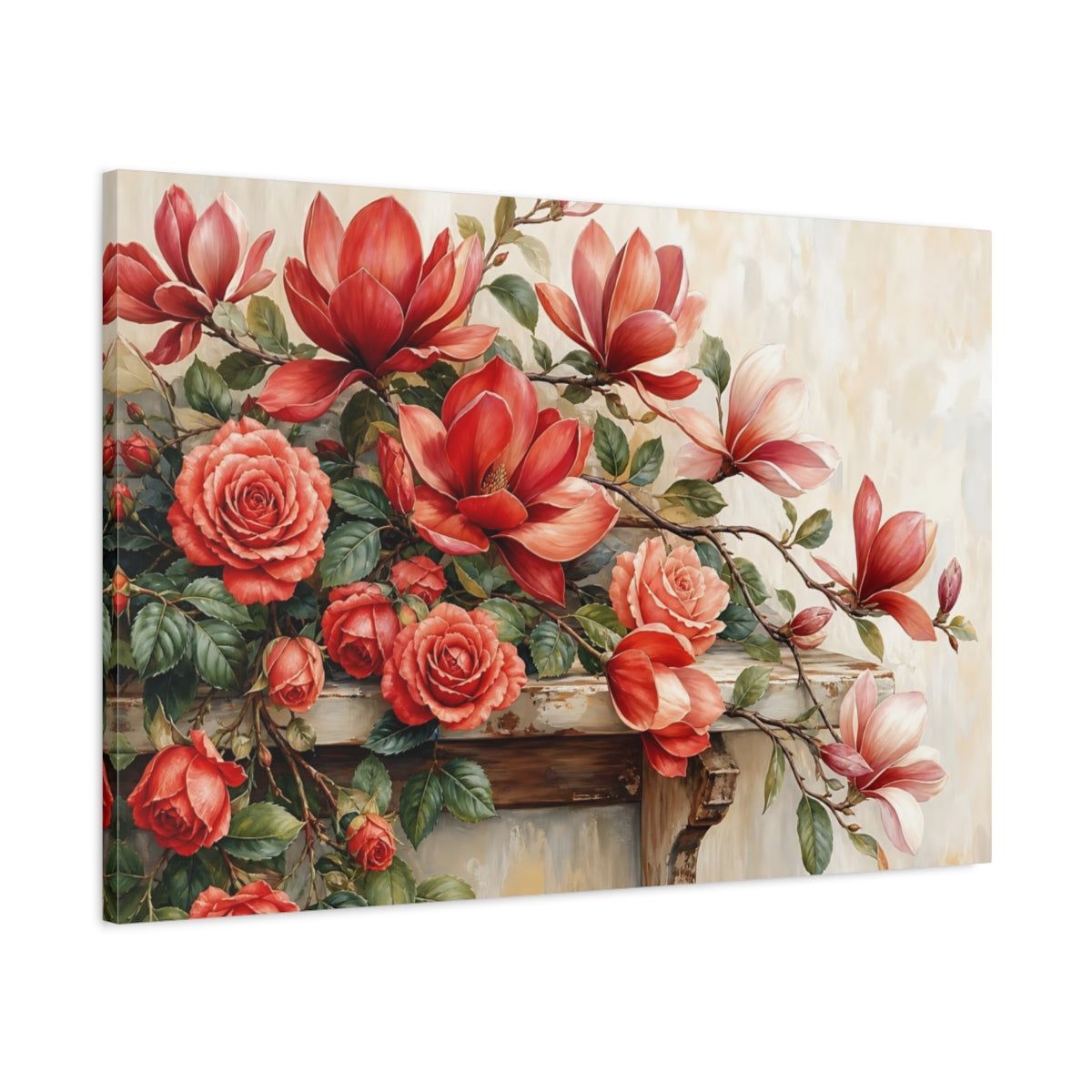 Main Mockup. Floral Roses Magnolias Red Floral shown as stretched canvas wall art