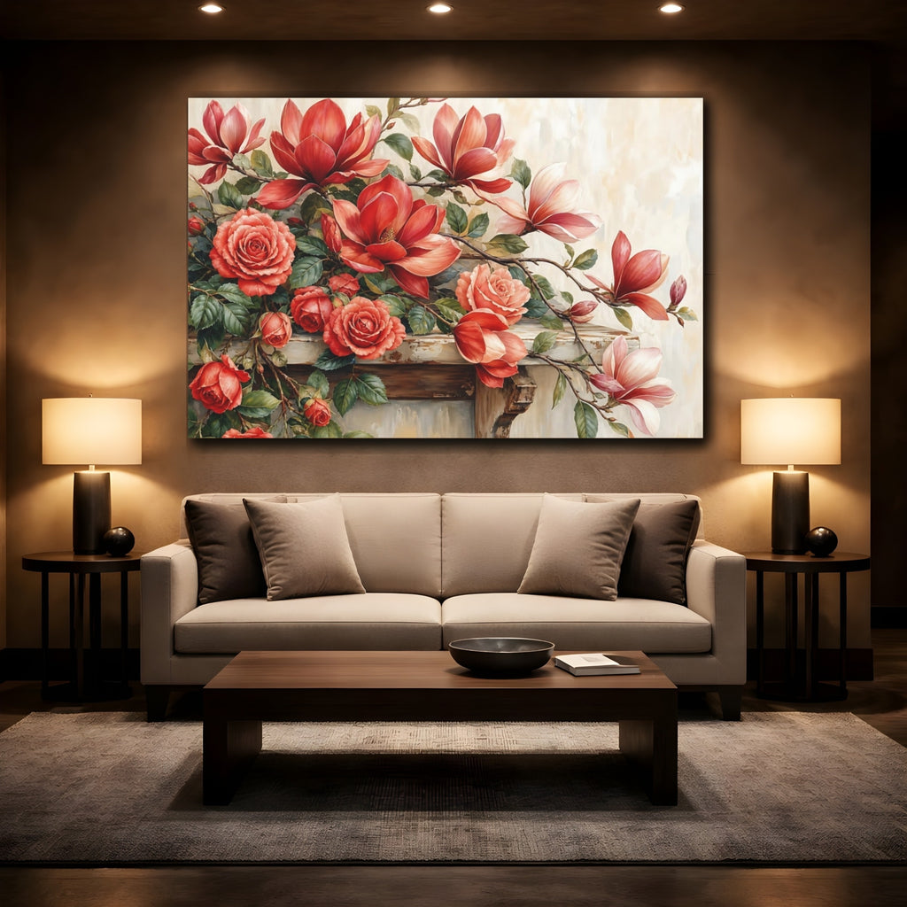 Mockup 2. Floral Roses Magnolias Red Floral shown as stretched canvas wall art