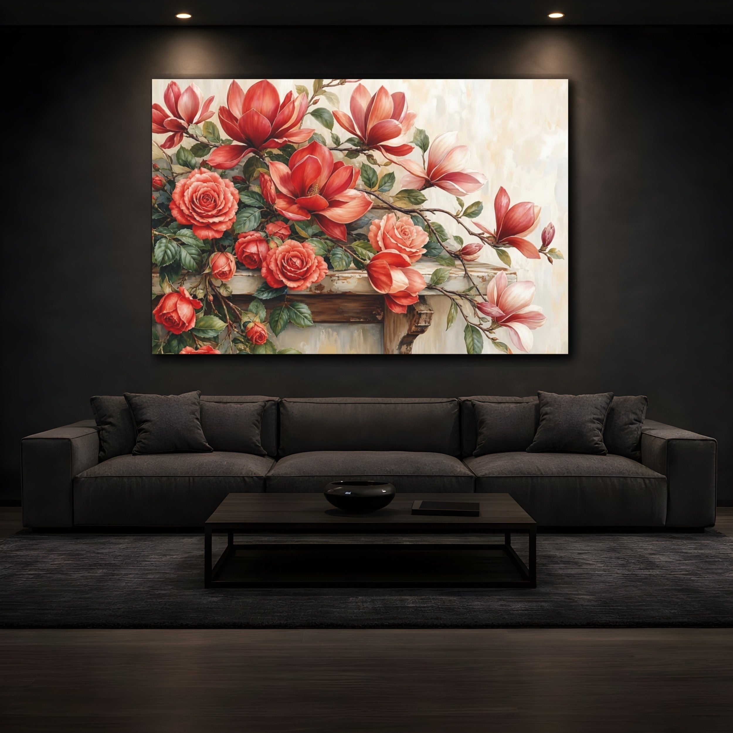 Mockup 3. Floral Roses Magnolias Red Floral shown as stretched canvas wall art